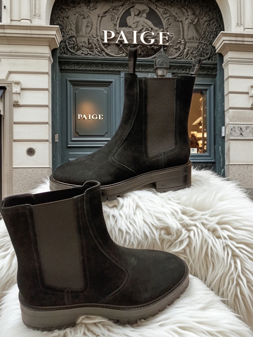 New PAIGE Bowie Black Suede Water Resistant Chelsea Lug Sole Booties 8.5